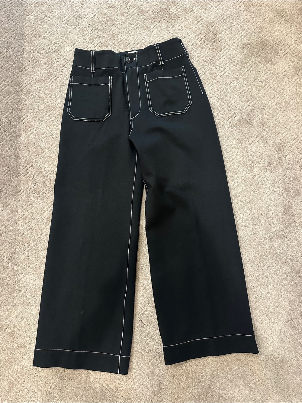 Maeve Black Wide-Leg Trousers with White Topstitching